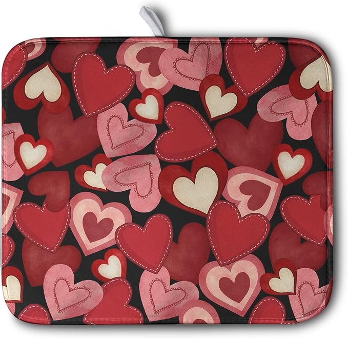 Valentine Dish Drying Mat for Kitchen Counter Red Black Love Heart Drying Pad Microfiber Absorbent Coffee Bar Mat Heat Resistant Countertop Protector Dishes Drainer Mat 16x18 Inch
