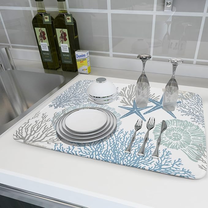 Nautical Dish Drying Mat for Kitchen Counter Coastal Seashell Starfish Summer Microfiber Absorbent Dish Draining Reusable Washable Foldable Extra Large 18"x24"