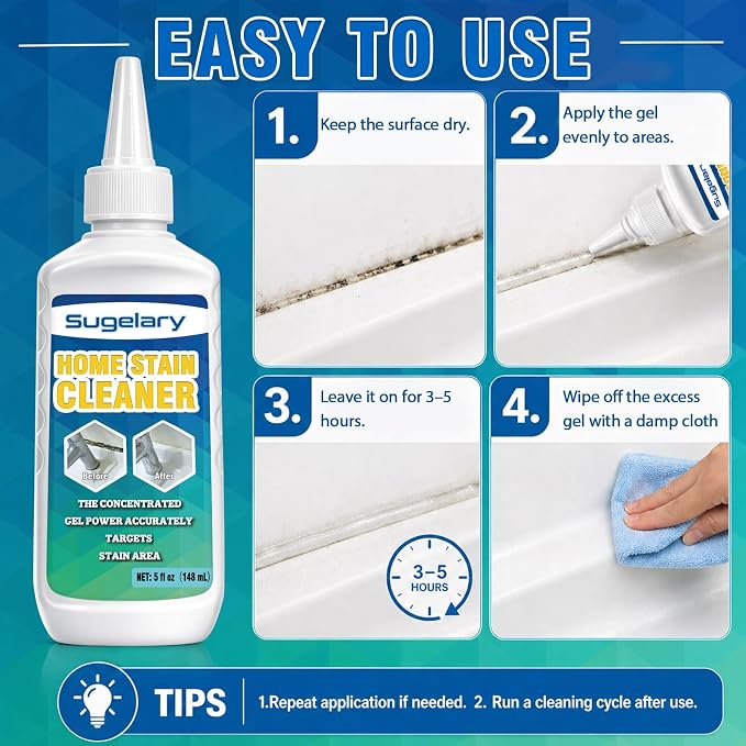 Sugelary Mold Stain Cleaner, 10 Fl oz All-Purpose Gel for Front Loader Seal, Household Cleaner Gel for Bathroom Grout, Sink, Shower, Caulk, Washing Machine Cleaning Solution