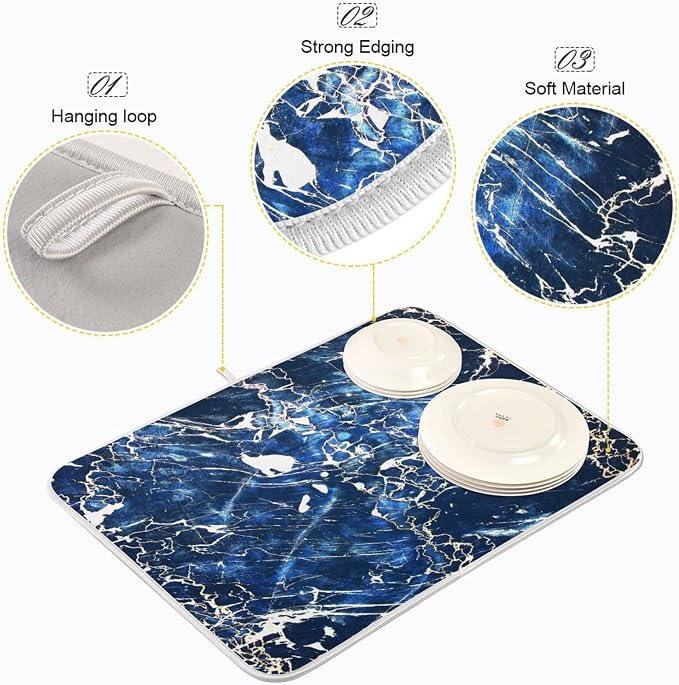 Super Absorbent Dish Drying Mat, Microfiber Fast-Drying Dish Mat, 24" x 18", Kitchen Dish Drying Pad, Marble Black Navy Blue