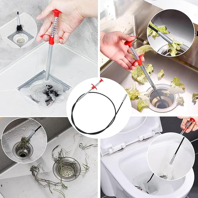 118" Drain Snake Hair Remover Tool, Flexible Clog Remover with 4-Claw Grabber, Long Reach Drain Cleaning Tool for Sink, Bathtub, Shower, Toilet and Tight Spaces