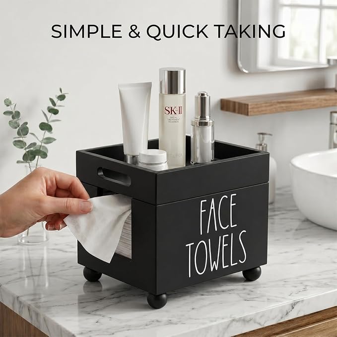 Disposable Face Towel Holder, Wooden Facial Towels Dispenser, Clean Towel XL Box for Bathroom Countertop, Open-Top Cleansing Wipes Organizer for Vanity, Rustic Skincare Storage (Black)