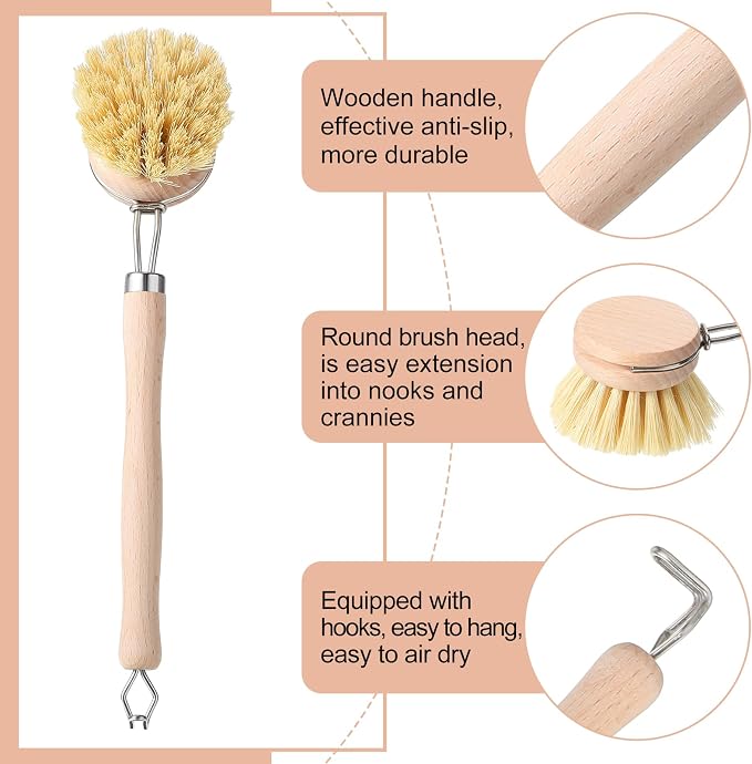Maxdot 10 Pcs Kitchen Dish Brush with Beechwood Handle Natural Wooden Handle Scrub Brush Fiber Bristles Dish Scrub 2 Inch Replacement Head for Pots Pans Utensils Washing Supplies