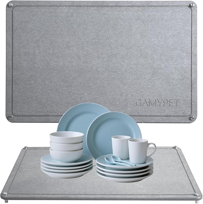 Stone Drying Mat 24"x16" Stone Dish Drying Mat for Kitchen Counter | Natural Diatomaceous Earth Absorbs Fast While Elevated Steel Feet Improve Airflow And Curved Wood Supports Prevent Sagging