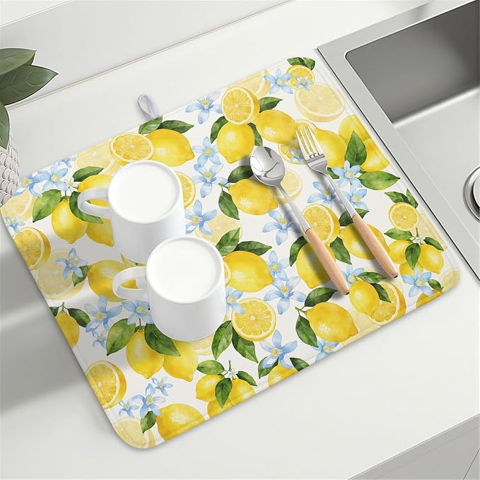 Kawani Lemon Dish Drying Mat 18x24 Inch Absorbent Reversible Summer Drying Mat Floral Lemon Fruits Dish Drying Rack Mat Yellow Summer Themed Dish Drainer Mat for Kitchen Counter Coffee Bar