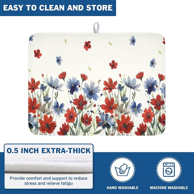 4th of July Floral Dish Drying Mat for Kitchen Counter 18 x 24 Inch Patriotic Dish Drainer Mat Absorbent Microfiber Independece Day Dish Rack Pad for Coffee Dining Bar Decor