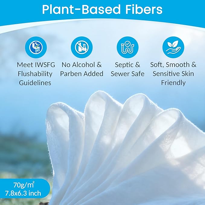WONDERFUL Flushable Butt Wipes, Unscented 100% Plant-Based Wet Wipes for Adults & Kids, Sewer & Septic Safe, Gentle for Sensitive Skin, Wipes Flushable Pack for Bathroom & Travel, 3-Pack (180 Count)