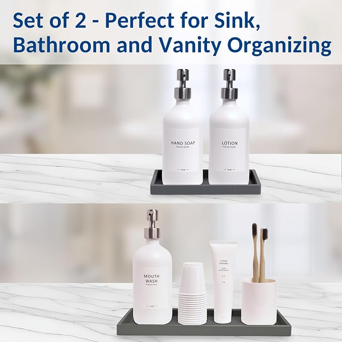 Spacewiser Countertop and Vanity Tray - 2 PC (11” and 7”) Shatterproof Silicone Kitchen and Bathroom Trays for Counter, Kitchen Soap Dispenser Tray, Vanity Trays for Bathroom, Perfume Key Tray