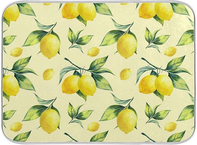 Super Absorbent Dish Drying Mat, Microfiber Fast-Drying Dish Mat, 24" x 18", Kitchen Dish Drying Pad, Vintage Yellow Lemon With Leaves
