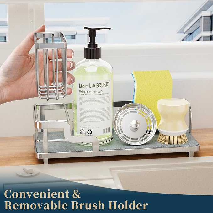 Consumest Sponge Holder for Kitchen Sink - Sink Caddy Organizer with Water Absorbing Stone Tray, Detachable Brush Holder, Stainless Steel Kitchen Counter Organizer Rack, Silver