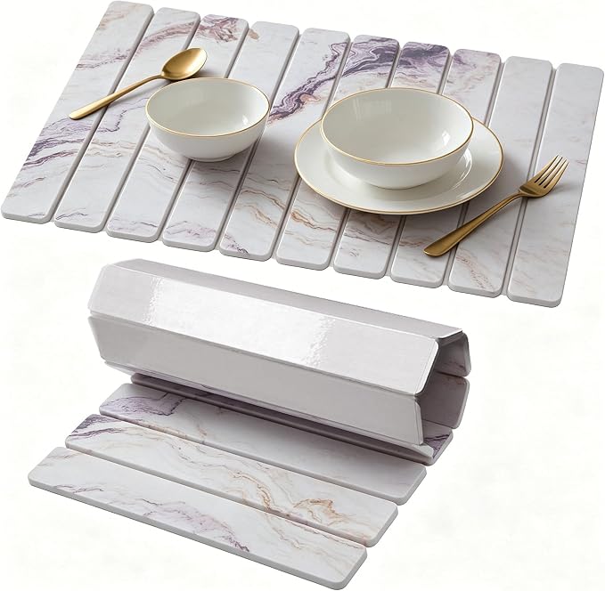Stone Drying Mat for Kitchen Counter, Quick Diatomaceous Earth Mats for Dishes, 24"L x 16" W Super Absorbent Fast-Drying Collapsible Countertop Stone Mat (Marble White-06, 24" x 16")