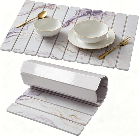 Stone Drying Mat for Kitchen Counter, Quick Diatomaceous Earth Mats for Dishes, 24"L x 16" W Super Absorbent Fast-Drying Collapsible Countertop Stone Mat (Marble White-06, 24" x 16")