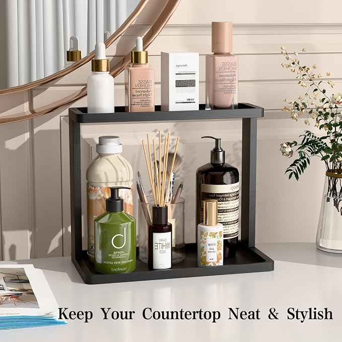PEKER Bamboo Bathroom Organizer Countertop – Small Vanity Storage Shelf for Makeup, Perfume, Skincare – Natural Cosmetics Display Rack for Dresser, Sink, Kitchen –Black
