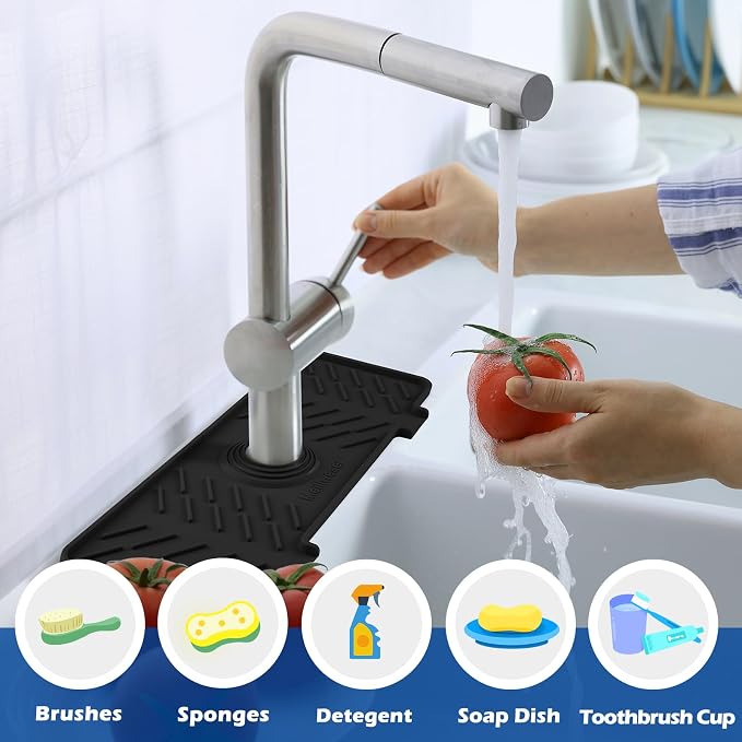 Silicone Faucet Mat for Kitchen Sink – Gen 3 10° Slope Splash Guard with Cuttable Hole – 14” x 5.5” Drip Catcher & Sponge Holder for Kitchen, Bathroom (Black)