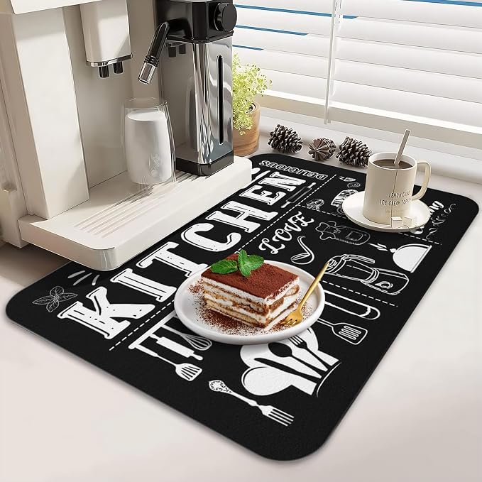 Dish Drying Mat 2-Pack in Chalkboard Kitchen for Kitchen Counter Dishes | Diatom Mud Mats (18x24, 19.5x12"). Non-slip rubber back for kitchen counter, coffee bar & sink scenes