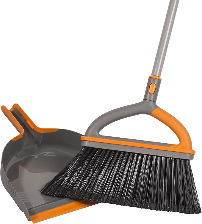 Casabella Ergo Broom & Dustpan Set Angled Broom with Replaceable Bristle Head & Hang Loop, 54-Inch, Gray