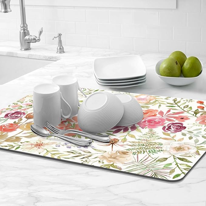 LOKHOM Dish Drying Mat for Kitchen Counter, 18"x24" Absorbent Coffee Bar Mat with Pink Roses Petals, Dish Drainer Rack Mat for Kitchen Counter and Dining Room Decoration