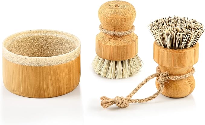 SUBEKYU Bamboo Dish Brush Set with Soap Holder, Wooden Dish Scrubber with Soap Dispenser, Natural Kitchen Scrub Brush, Washing Pot/Pans/Cast Iron, 2 Pack, Sisal + Coconut Palm Bristles