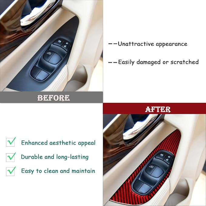 Red Real Carbon Fiber Trim for Nissan Rogue Accessories | for 2014-2020 / Rogue Sport 2017-2022 Window Lift Panel Cover Sticker Interior Thick Overlay Decal