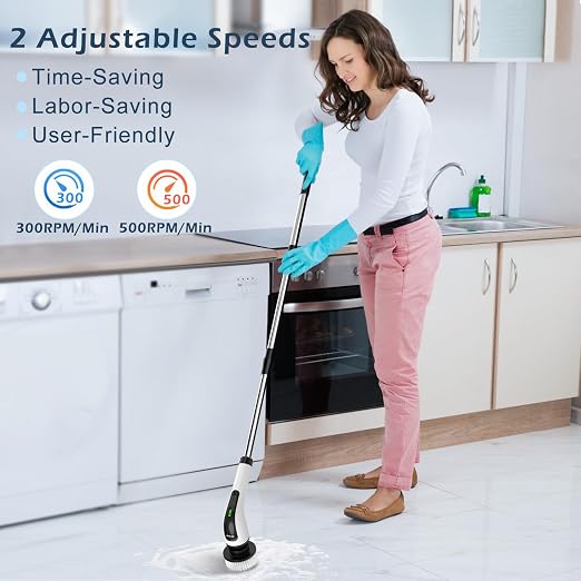 Electric Spin Scrubber, Power Shower Cleaning Brush with Long Handle | Cordless Cleaning Scrubber, 7 Replaceable Brush Heads, 90Mins Work Time, 3 Adjustable Size, 2 Speeds for Bathroom Cleaner