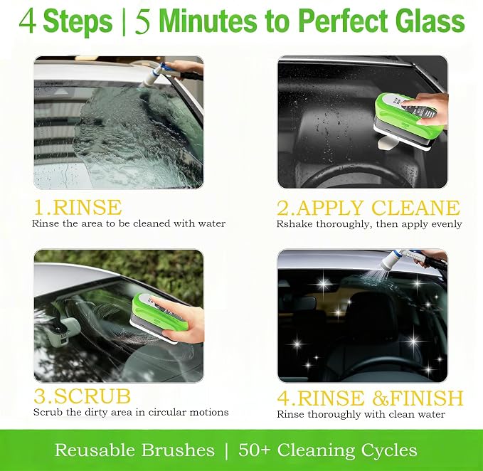 2026 Upgrade Clear Vision Windshield Cleaner with Car Window Cleaner,Automotive Oil Film Cleaning Brush for Car Windows,Clear Vision Glass Cleaner Tool for All Glass Surfaces,Reusable & Streak-Free