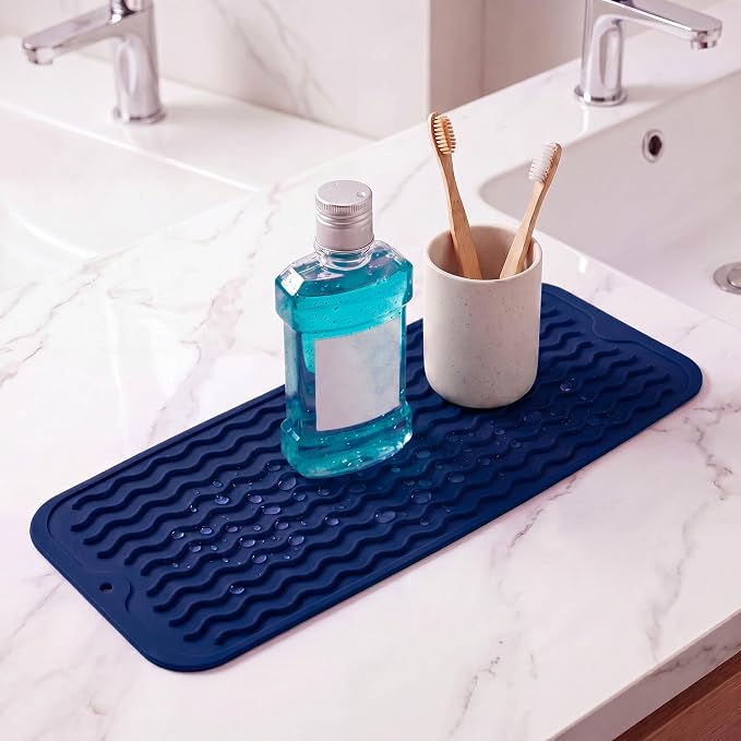 MicoYang Silicone Dish Drying Mat for Multiple Usage,Easy clean,Eco-friendly,Heat-resistant Silicone Mat for Kitchen Counter,Sink,Bar,Bottle,or Cup Navy Blue M 17 inches x 6 inches