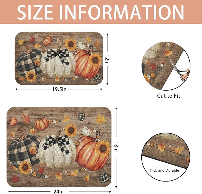 Fall Dish Drying Mat 2-Pack Plaid Pumpkin for Kitchen Counter Dishes Mat | Diatom Mud Mats (18x24, 19.5x12"). Non-slip rubber back for kitchen counter, coffee bar & sink scenes