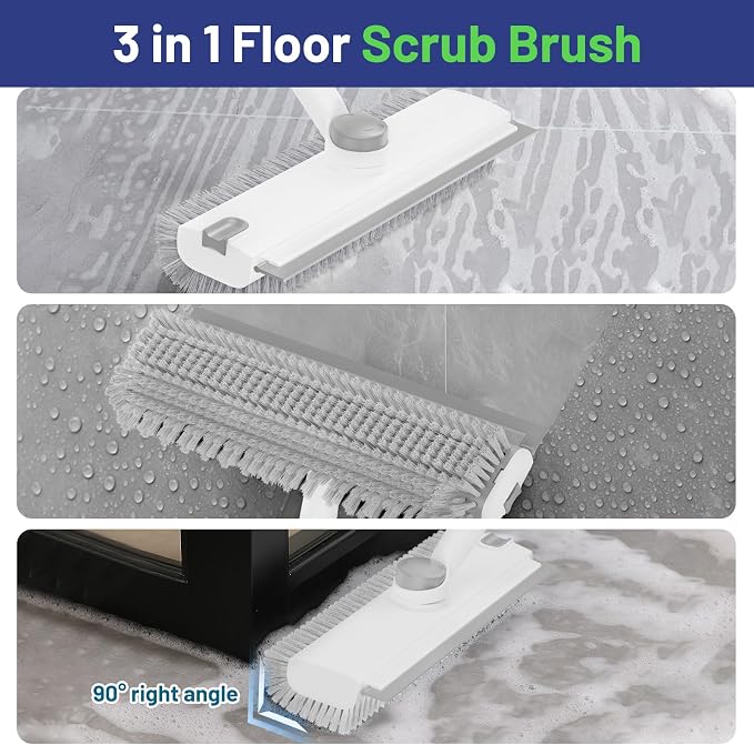 3 in 1 Floor Scrub Brush with Long Handle & Squeegee | Heavy-Duty, Adjustable, 360° Rotating Head for Cleaning Tile Bathroom Deck Kitchen Patio, White