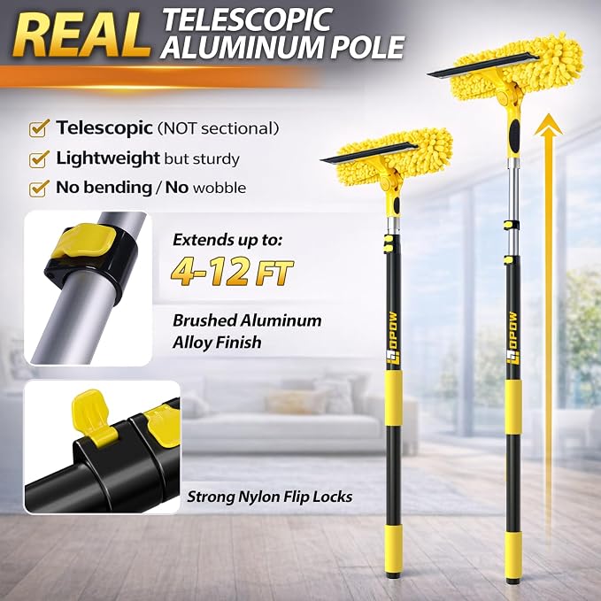 20 Feet High Reach Squeegee Window Cleaner Kit with 5-12Ft Extension Pole | 2 in 1 Window Cleaning Tool w/ 3-Stage Telescopic Pole &Rotatable Head,Window Washing Equipment for Solar Panel,RV,Car Glass