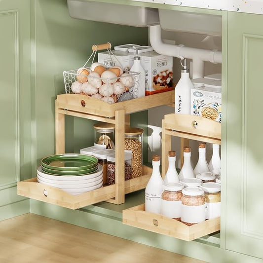 APRTAT 2 Pack Under Sink Organizer, Bamboo Wooden 2-Tier Pull-Out Storage with Sliding Drawers for Kitchen and Bathroom Cabinets, Easy Installation (Natural)