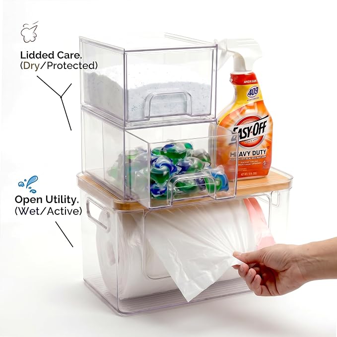 Hudgan Under Sink Organizers 3 in 1, Stackable Acrylic Bathroom Storage, Trash Bag Dispenser and Dishwasher Pods Holder for Kitchen and Laundry Room Organization