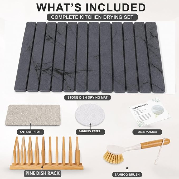 Dish Drying Mat, Large Stone Dish Drying Mat for Kitchen Counter 24" x 16", Foldable Diatomite Drying Stone Counter Mat with Non-Slip Base, Foldable Quick Dry Dish Drying Mats【Gray】