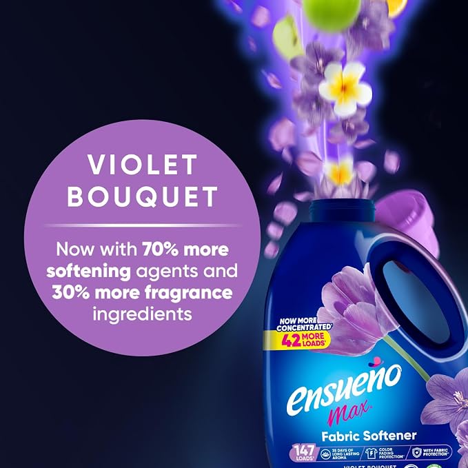 Ensueño Max Liquid Fabric Softener - Violet Bouquet Scent - 125 fl oz - Color-Safe Fabric Softener Liquid - Softens 123 Loads - Reduces Wrinkles & Static