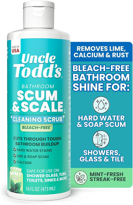 Uncle Todd's 16 oz Heavy Duty Hard Water Stain Remover & Soap Scum Remover for Shower - All Purpose Bathroom Cleaner Works on Glass Doors, Tiles, Bathtub, Toilet & Sink - Bleach-Free Mint Paste