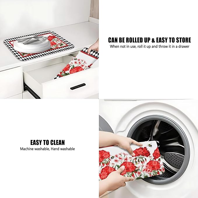Dish Drying Mat 2-Pack Red Floral Bee Check for Kitchen Counter Dishes | Diatom Mud Mats (18x24, 19.5x12"). Non-slip rubber back for kitchen counter, coffee bar & sink scenes