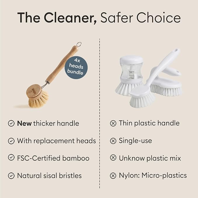 Vove Plastic-Free Dish Brush Bundle, Bamboo Dish Brush and Scrub Brush with 3 Replacement Heads, FSC-Certified Bamboo with Natural Fiber Bristles, Complete Zero-Waste Kitchen Cleaning Set