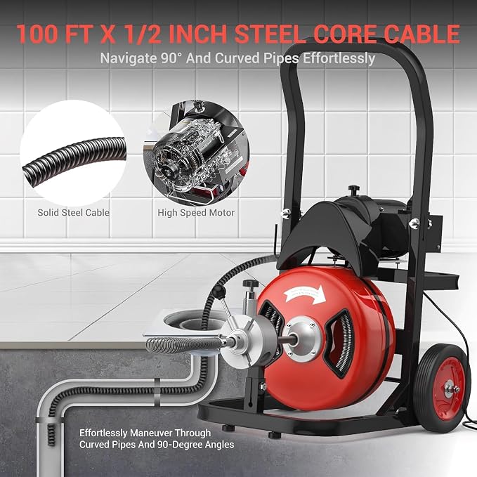 Garvee 100Ft 1/2 Inch Drain Cleaning Machine, 450W Portable Drain Cleaning Machine Auto Feed Electric Sewer Snake, Electric Drain Auger with 6 Cutter Air-Activated Foot Switch for 2" to 4" Pipes