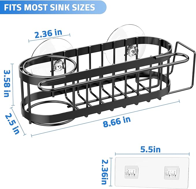 Cisily Kitchen Sink Caddy Sponge Holder in The Sink, Stainless Steel Kitchen Sink Organizer, Brush Holder, Dish Cloth Hanger, Sink Stopper Holder (Suction cup-Black)