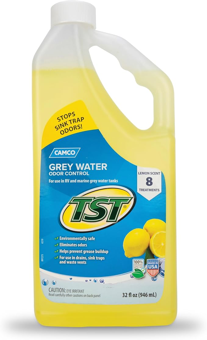 Camco TST Camper/RV Grey Water Odor Control - Features Septic Safe Biodegradable Formula - Removes Grease Build-Up in Black Water Tank, Sink & Shower Drains - Fresh Lemon Scent, 32-oz Bottle (40252)