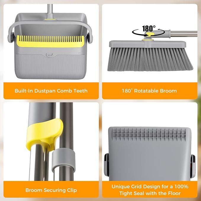 Broom and Dustpan Set, 61-Inch Adjustable Handle, Standing Dustpan | 180° rotating head reaches under furniture; comb teeth remove pet hair and dust for easy indoor and outdoor floor cleaning.