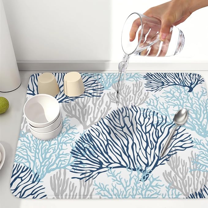 Beach Theme Dish Drying Mat for Kitchen Counter 18x24 Inch | Blue Coral，Polyester，Absorbent Microfiber，for Coffee Dining Decor
