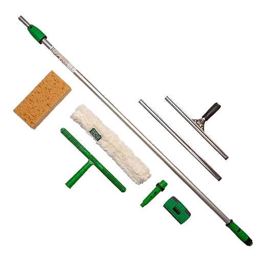 UNGER Commercial Window Cleaning Kit - Heavy Duty StripWasher Set PWK00 | Equipped with squeegees, a durable scraper, sponge, and extendable 8' telescopic pole; High-Performance Cleaning