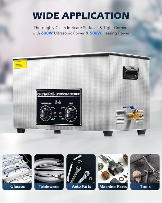 CREWORKS 30L Ultrasonic Cleaner with Heater & Timer, 600W 304 Stainless Steel Sonic Cleaner, 7.9 gal Ultrasonic Parts Cleaner with Knobs, Professional Lab Ultrasonic Cleaner for Auto Tool Machine Part