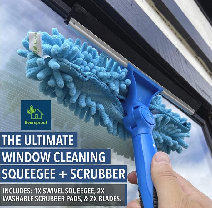 EVERSPROUT Swivel Squeegee & Microfiber Window Scrubber, 5 to 12ft Pole | 2-in-1 Window & Glass Cleaning Combo, Swivels to 7 Angles, 10-inch Blade, 20ft Standing Reach, Machine Washable, Non-Slip