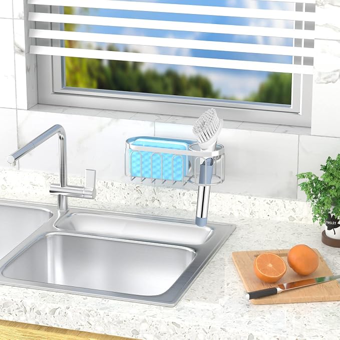 2-in-1 Sponge Holder for Kitchen Sink, Sink Caddy Kitchen Sink Organizer with 3 Suction Cups, No Drill Rustproof Sink Sponge Holder for Dish Brush, Soap & Sponge (Silver)