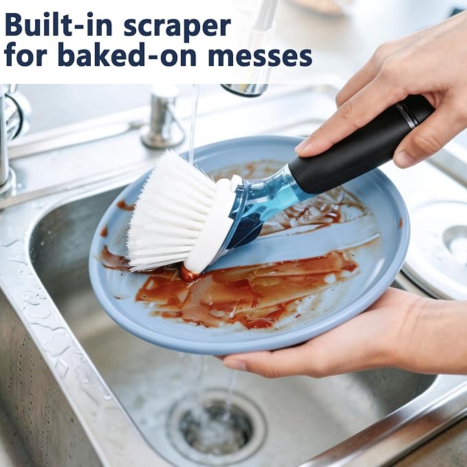 Dish Brush Refill Head 4 Pack Compatible with OXO Dish Brush Head | Stiff nylon bristles, built-in scraper, twist-to-replace mechanism, durable plastic, for soap dispensing models