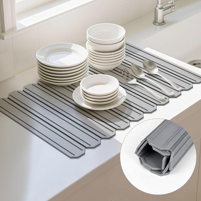 Silicone Dish Drying Mat for Kitchen Countertop - Waycco Large Customizable (Foldable & Trimmable) 23.6"x15.8" Heat Resistant Non-Slip Sink Mat for Dishes Cups & Fruits, Dishwasher Safe, Dark Grey
