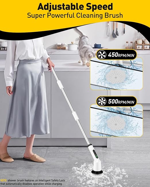 Electric Spin Scrubber for Cleaning Bathroom, Shower Scrubber Cordless Cleaning Brush with IPX7 Waterproof & 2 Speed, 3 Flat Brush Heads, Bathroom Cleaning Supplies for Shower Tub Kitchen Tile Toilet