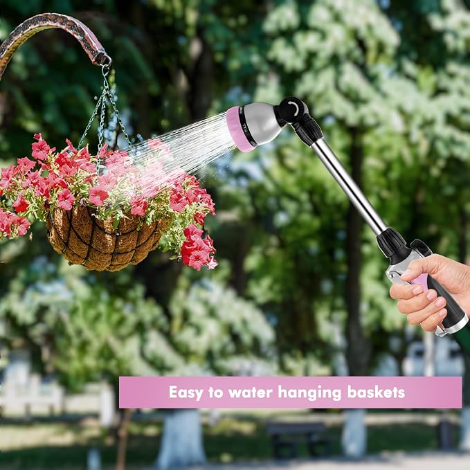 RESTMO Heavy Duty Metal Hose Wand, Watering Wand for Garden Hose | 180° Swivel Ratcheting Head, 16'' Hose Sprayer, 7 Spray Patterns, Flow Control, Ideal for Hanging Baskets & Shrubs, Pink