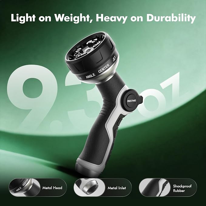 RESTMO 10-in-1 Water Hose Nozzle, Garden Hose Sprayer with 10 Adjustable Spray Patterns, Easy Thumb Control for Flow Adjustment, Ideal for Watering Plants & Lawns, Washing Cars & Pets, Black
